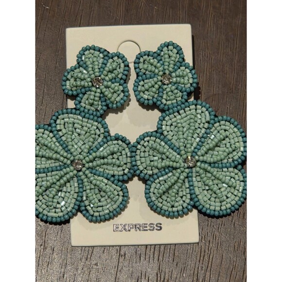 Express Jewelry - Express two-tiered turquoise beaded flower earrings w/ rhinestone Center